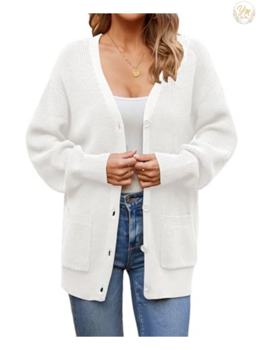 100% Cotton Cardigan Sweater with Pockets Oversized Button Front Knit - Picture 2 of 6